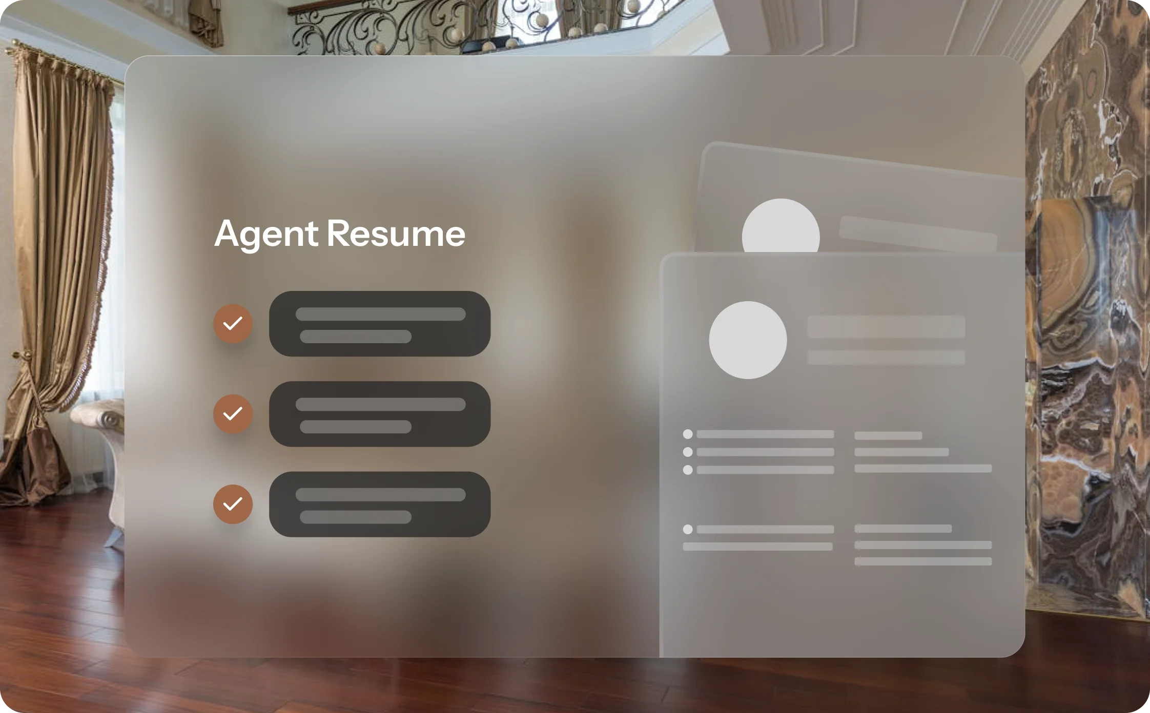 Real estate agent resume profile UI overlay on luxury home interior.