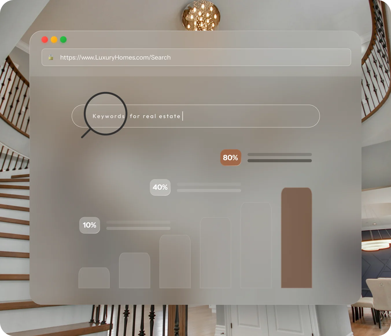 Keyword research for real estate dashboard with search bar and ranking analytics