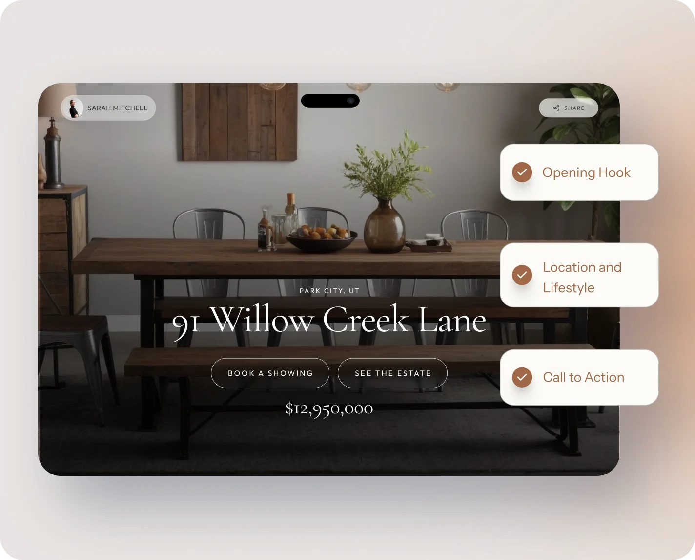 Listing details on property website showing luxury home listing, price, and call-to-action buttons.
