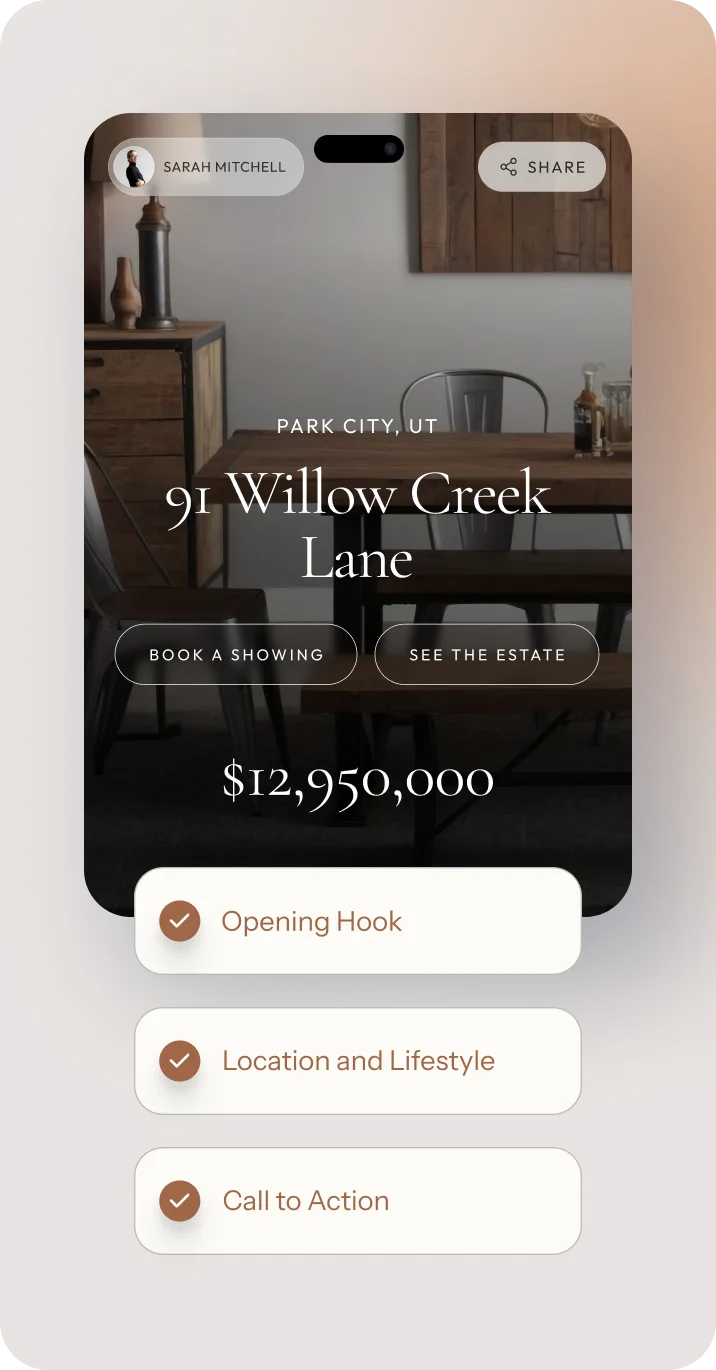 Listing details on property website showing luxury home listing, price, and call-to-action buttons.