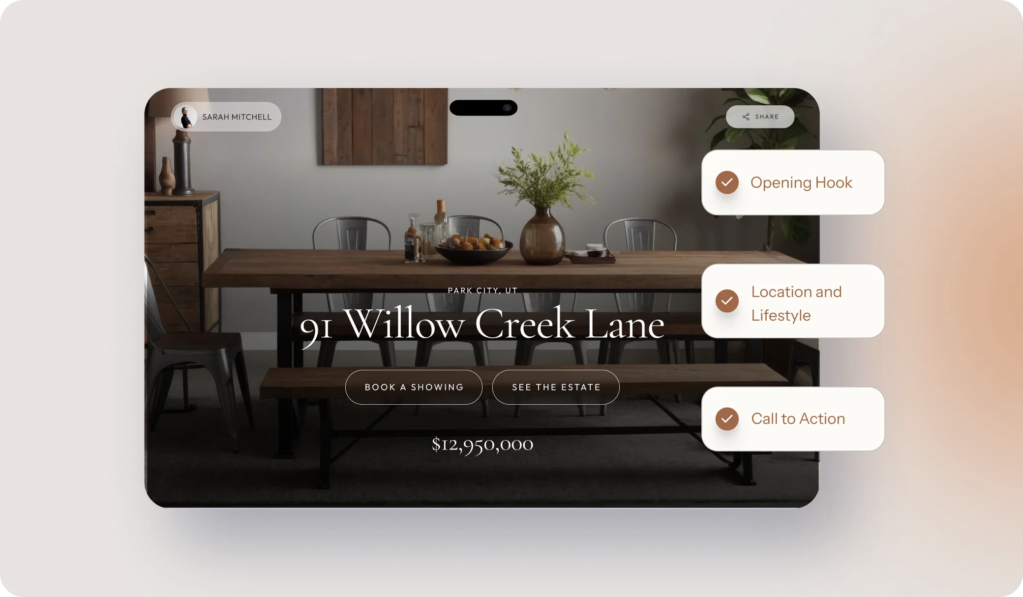Listing details on property website showing luxury home listing, price, and call-to-action buttons.