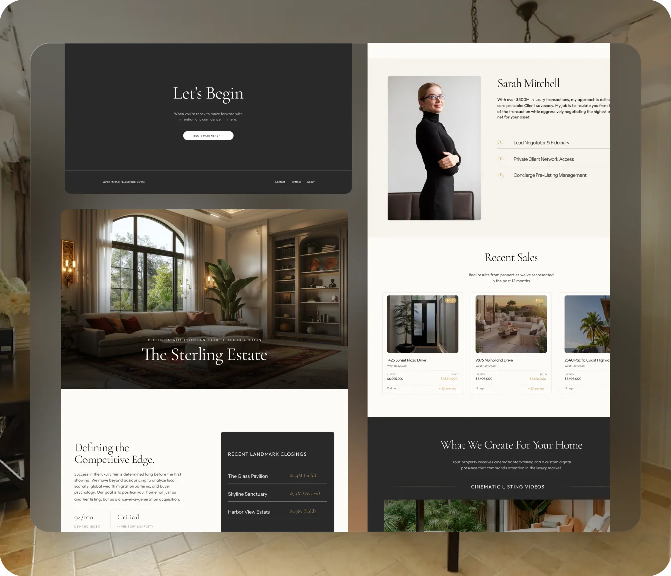 Listing details on property website with luxury real estate agent profile and recent sales.