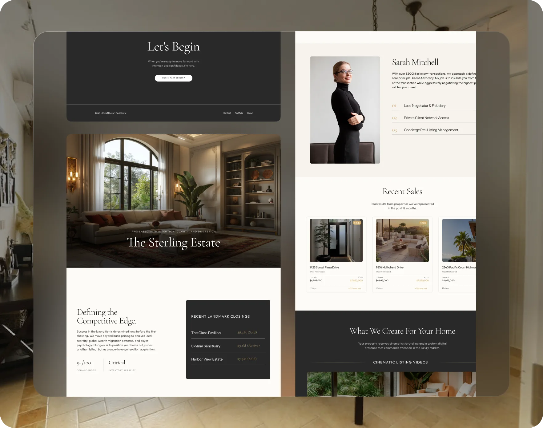 Listing details on property website with luxury real estate agent profile and recent sales.