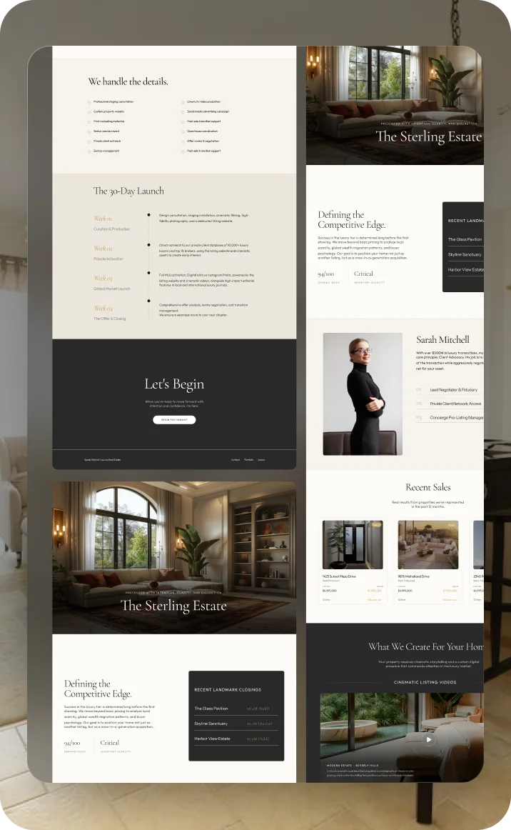 Listing details on property website with luxury real estate agent profile and recent sales.