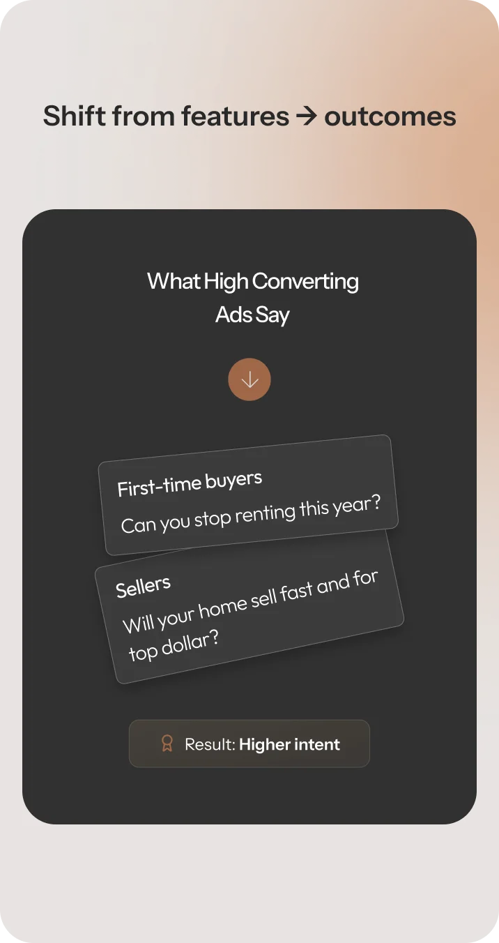 "Create Real Estate Ads That Convert by shifting from features to outcomes with high-converting messages.