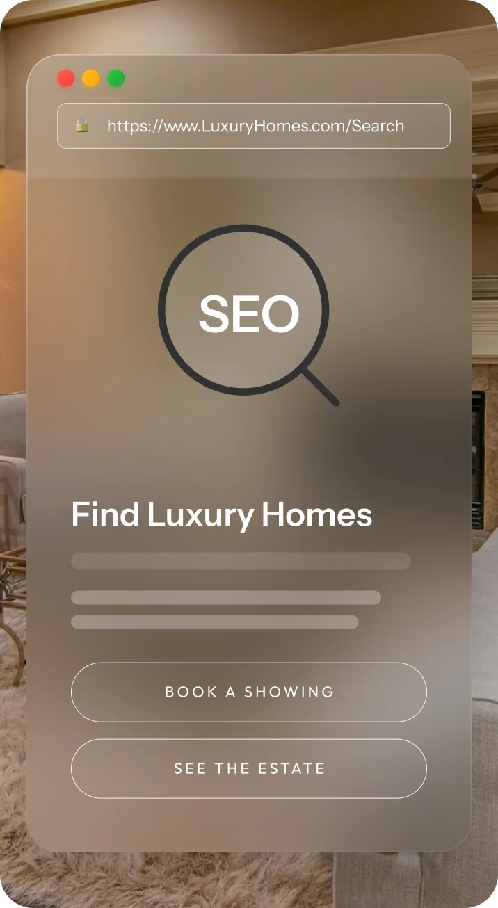 Real Estate SEO search page showcasing luxury homes with booking and estate viewing options.