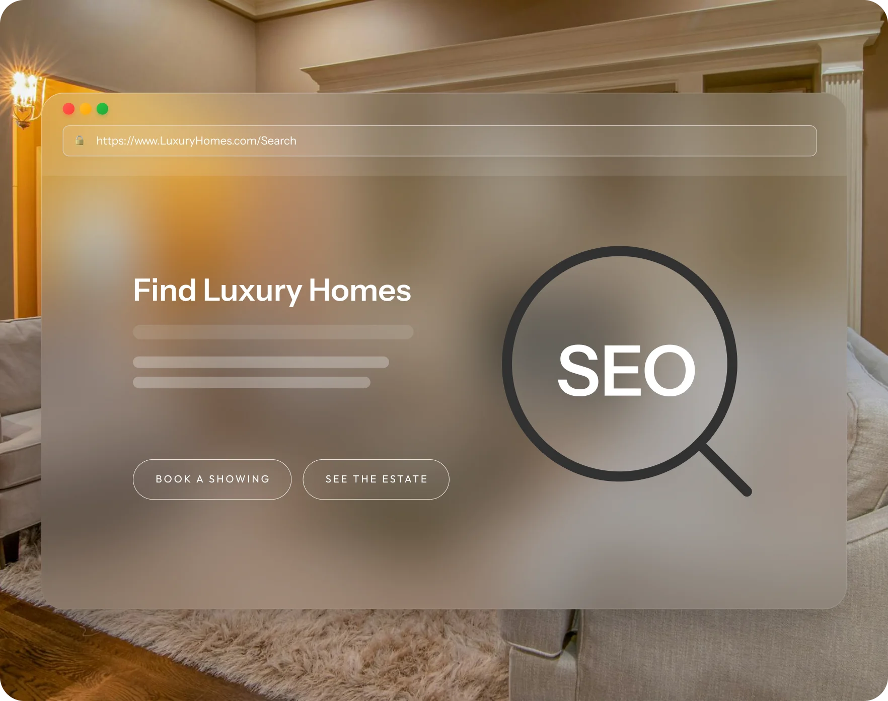 Real Estate SEO search page showcasing luxury homes with booking and estate viewing options.