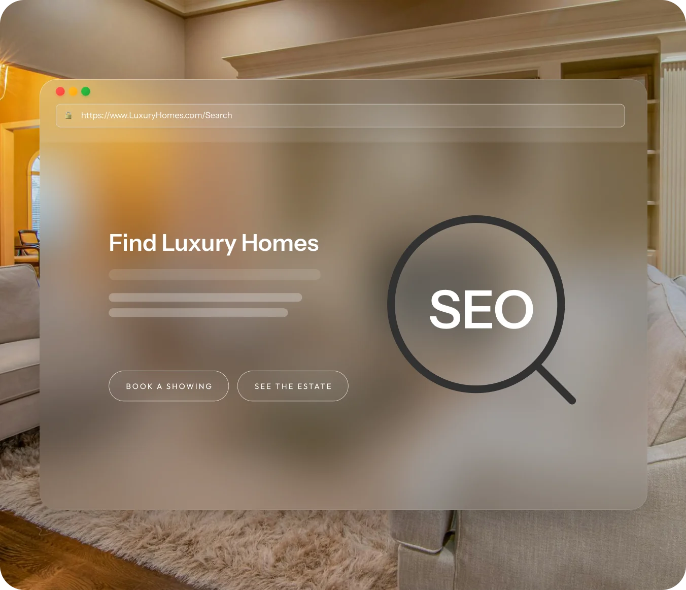 Real Estate SEO search page showcasing luxury homes with booking and estate viewing options.