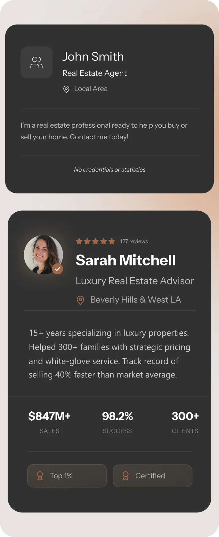 Professional real estate bio comparison showing agent credibility and statistics