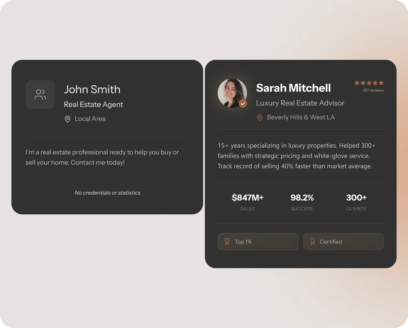 Professional real estate bio comparison showing agent credibility and statistics