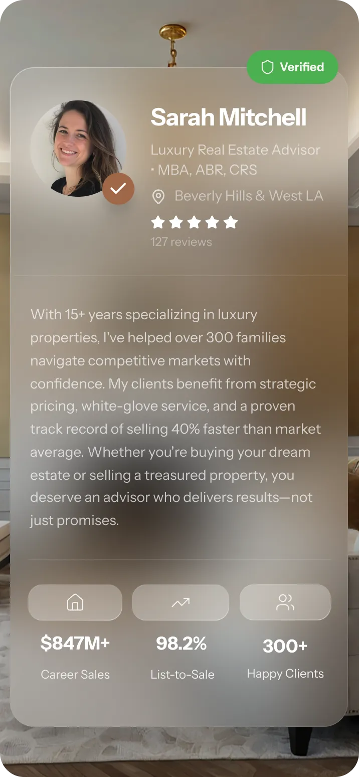 Luxury real estate bio profile card with verified agent credentials and reviews