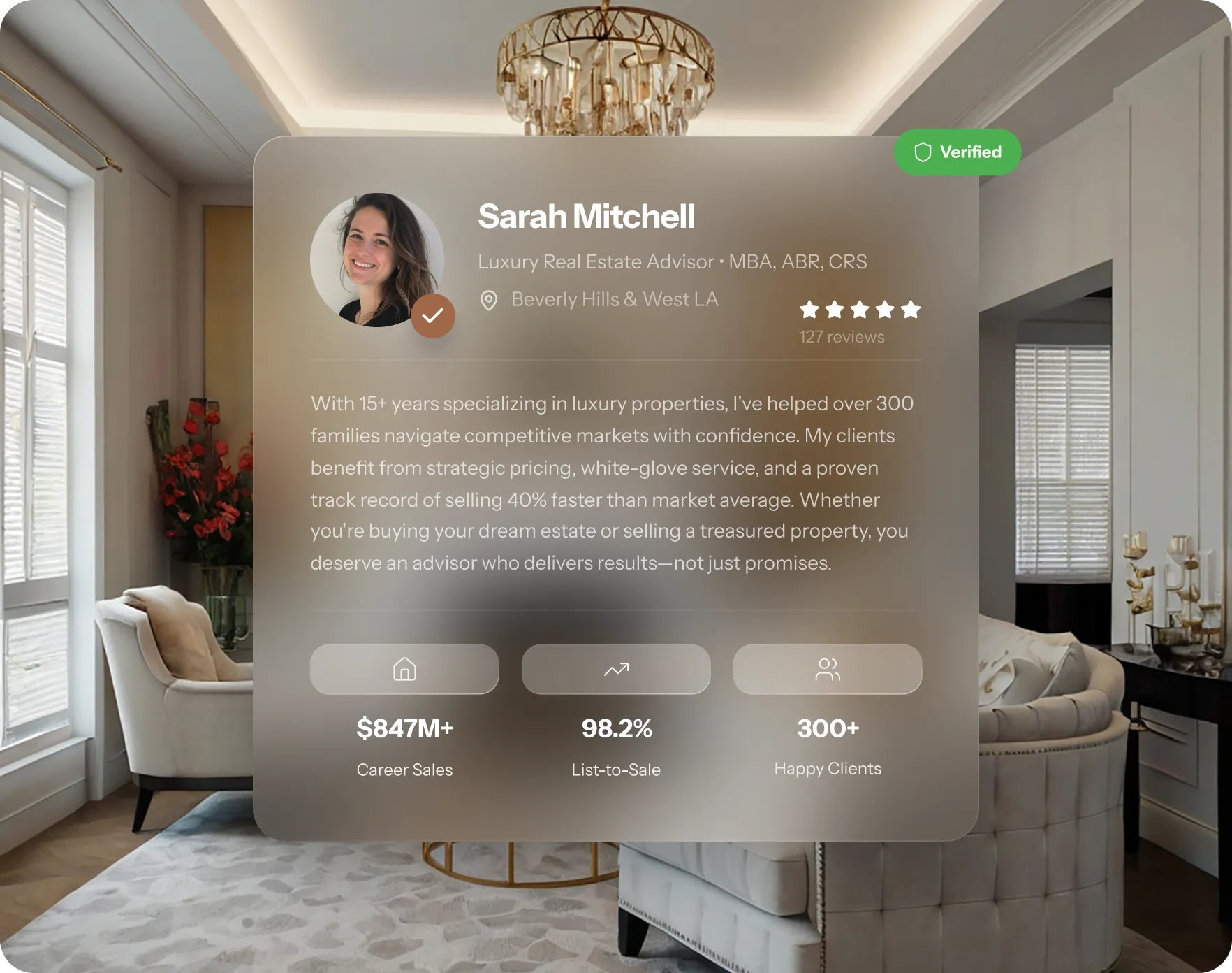 Luxury real estate bio profile card with verified agent credentials and reviews