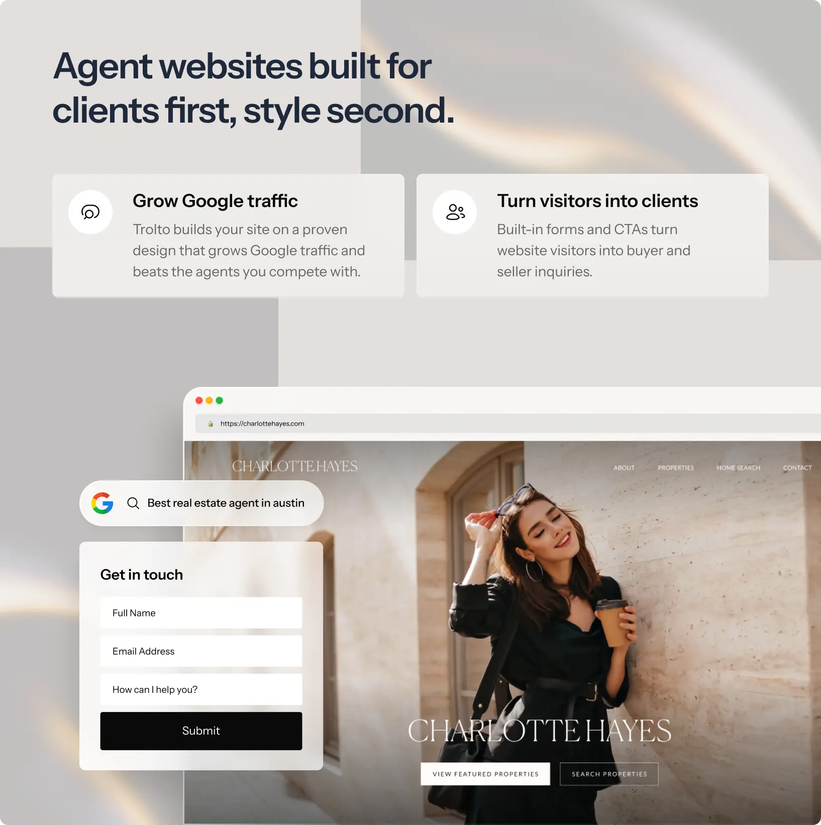 An agent website built by Trolto, with Google search and a lead form
