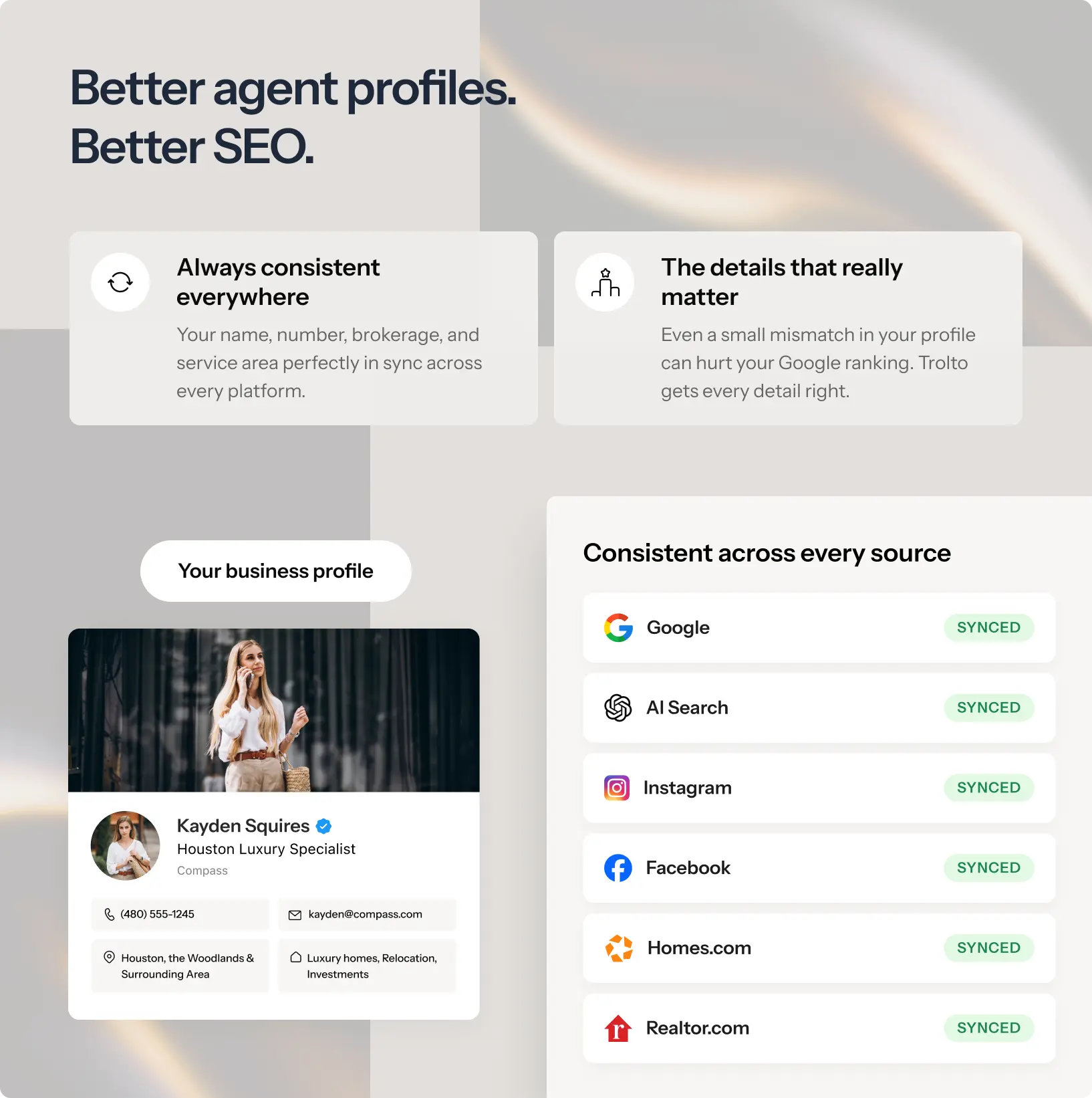 An agent profile kept in sync across Google, AI search and the portals