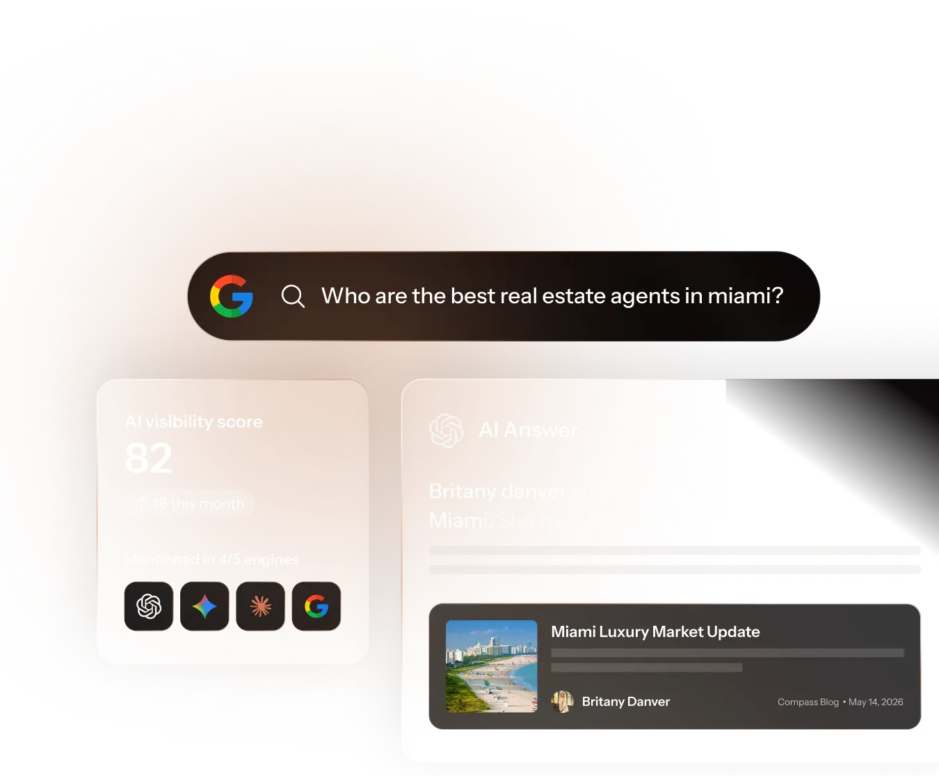 Trolto AI visibility score and AI answer naming an agent