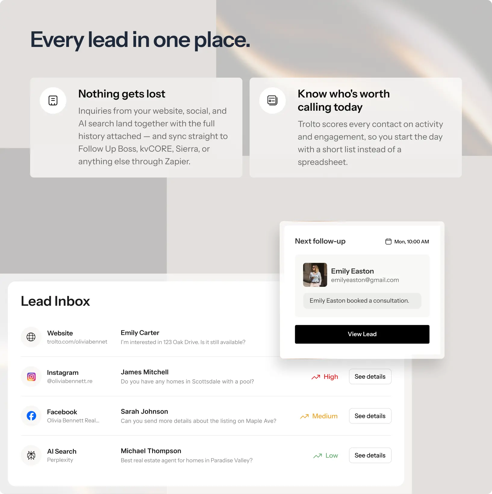Every inquiry from your website, social, and AI search in one lead inbox