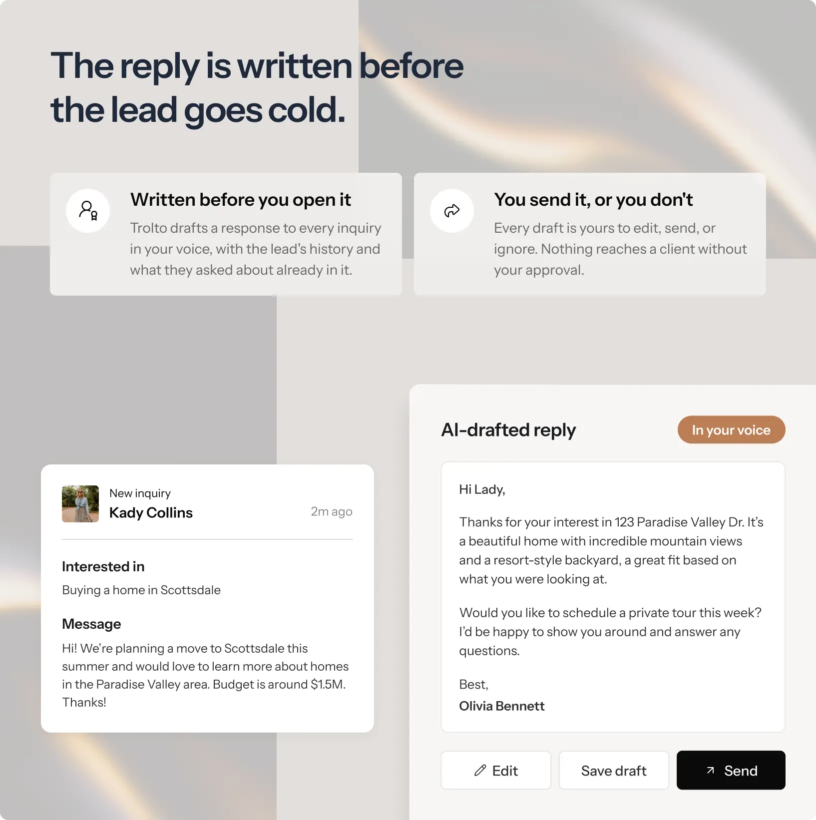 An AI-drafted reply written in your voice, ready to send