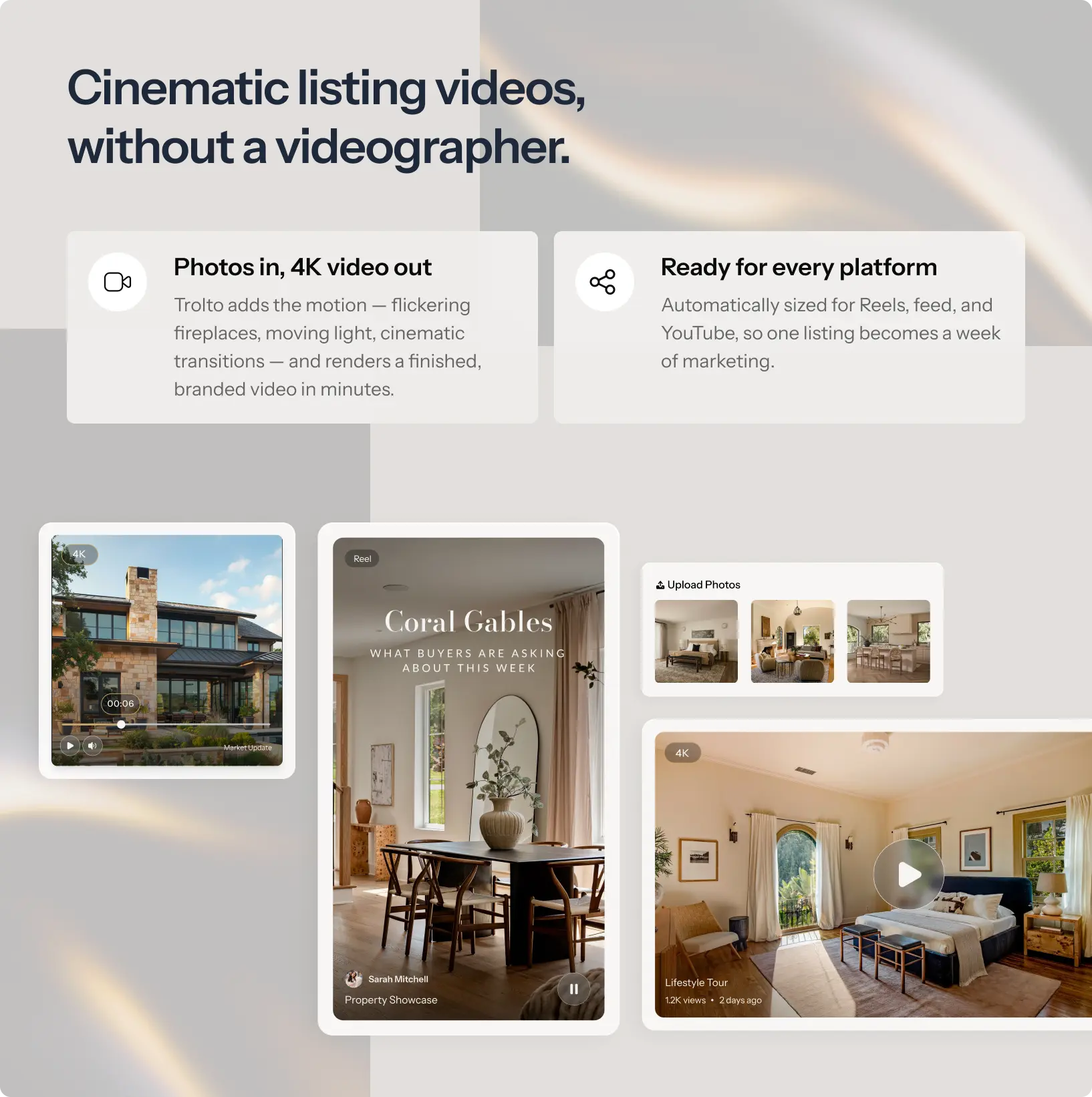 Cinematic listing videos rendered from your photos